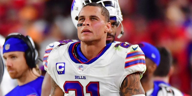 Jordan Poyer of the Buffalo Bills looks on during the second half against the Tampa Bay Buccaneers at Raymond James Stadium on December 12, 2021 in Tampa, Florida.