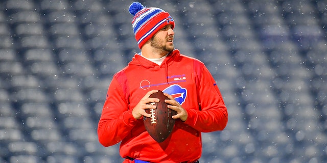 Dec 6, 2021; Orchard Park, New York, USA; Buffalo Bills quarterback Josh Allen (17) warms up prior to the game against the New England Patriots at Highmark Stadium.