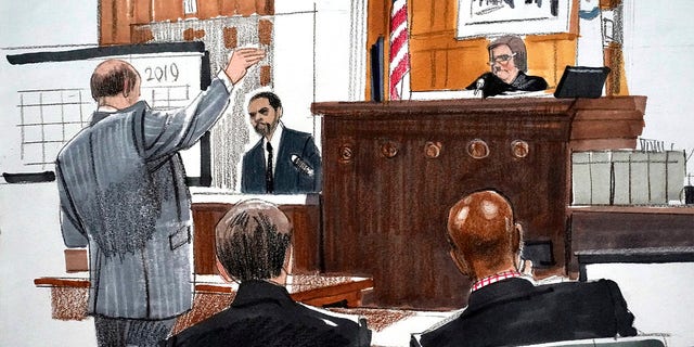 In this courtroom sketch, special prosecutor Dan Webb, left, cross-examines actor Jussie Smollett as Cook County Judge James Linn and members of Webb's team listen Tuesday, Dec. 7, 2021, in Chicago.