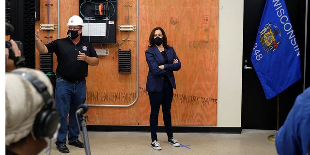 Democratic U.S. vice presidential nominee Sen. Kamala Harris tours the International Brotherhood of Electrical Workers (IBEW) training facility in Milwaukee, Wisconsin, Sept. 7, 2020. 