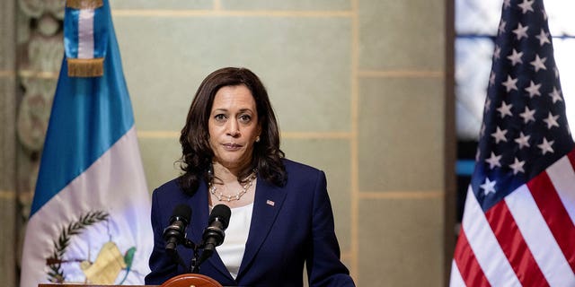 U.S. Vice President Kamala Harris speaking about migrants heading to the U.S. at a news conference with Guatemalan President Alejandro Giammattei during her visit to Guatemala City, Guatemala June 7, 2021. 