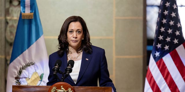 U.S. Vice President Kamala Harris speaking about migrants heading to the U.S. at a news conference with Guatemalan President Alejandro Giammattei during her visit to Guatemala City, Guatemala June 7, 2021.