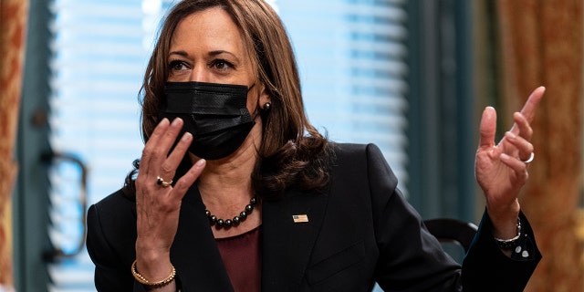 Vice President Kamala Harris speaks during an interview with The Los Angeles Times in her ceremonial office in the Eisenhower Executive Office Building on the White House Complex on Friday, Dec. 17, 2021 in Washington. (Kent Nishimura / Los Angeles Times via Getty Images)