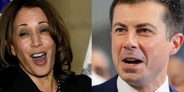 LEFT: U.S. Vice President Kamala Harris speaks as she visits Plumbers and Pipefitters Local 189 union during a trip to promote the infrastructure plan in Columbus, Ohio, U.S. November 19, 2021. REUTERS/Gaelen Morse RIGHT: FILE PHOTO: U.S. Transportation Secretary Pete Buttigieg delivers remarks during a funding announcement for the Gateway Tunnel project in New York City, New York, U.S., June 28, 2021. REUTERS/Andrew Kelly/File Photo