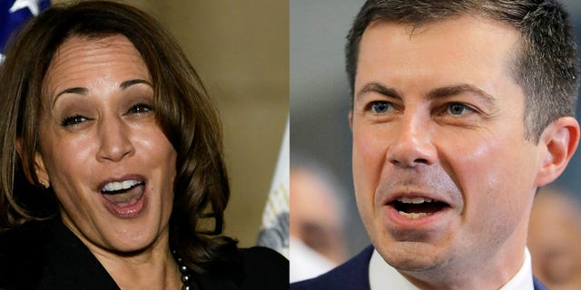 LEFT: U.S. Vice President Kamala Harris speaks as she visits Plumbers and Pipefitters Local 189 union during a trip to promote the infrastructure plan in Columbus, Ohio, U.S. November 19, 2021. REUTERS/Gaelen Morse RIGHT: FILE PHOTO: U.S. Transportation Secretary Pete Buttigieg delivers remarks during a funding announcement for the Gateway Tunnel project in New York City, New York, U.S., June 28, 2021. REUTERS/Andrew Kelly/File Photo