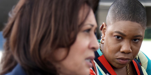 Vice President Kamala Harris speaks to members of the press as her press secretary Symone Sanders looks on at Greenville-Spartanburg International Airport before she boards Air Force Two to return to Washington, D.C., June 14, 2021 in Greer, South Carolina. (Photo by Alex Wong/Getty Images)