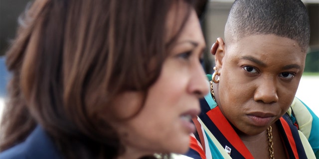 Vice President Kamala Harris speaks to members of the press as her press secretary Symone Sanders looks on at Greenville-Spartanburg International Airport before she boards Air Force Two to return to Washington, D.C., June 14, 2021 in Greer, South Carolina. (Photo by Alex Wong/Getty Images)