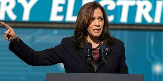 Vice President Kamala Harris gives remarks after touring the electric vehicle operations at Charlotte Area Transit Systems bus garage in Charlotte, North Carolina, on Dec. 2, 2020.  (Photo by LOGAN CYRUS/AFP via Getty Images)