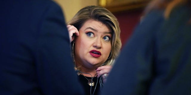 Rep. Kat Cammack (R-Florida) prepares for an interview at the United States Capitol on Friday, Nov. 5, 2021, ahead of a potential House vote on the Build Back Better Act and Infrastructure Bill. 