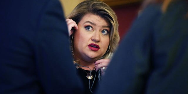 Rep. Kat Cammack (R-Florida) prepares for an interview at the United States Capitol on Friday, Nov. 5, 2021, ahead of a potential House vote on the Build Back Better Act and Infrastructure Bill. 