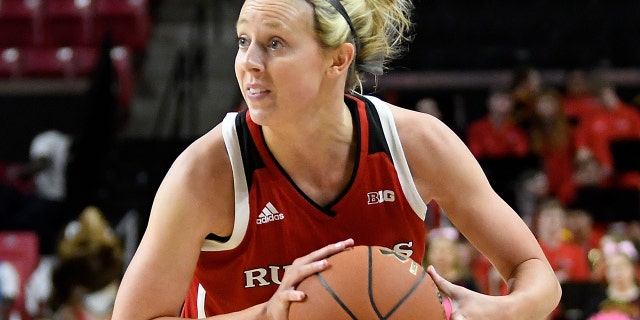 COLLEGE PARK, MD - FEBRUARY 01: Kathleen Fitzpatrick #10 of the Rutgers Scarlet Knights handles the ball against the Maryland Terrapins at Xfinity Center on February 1, 2018 in College Park, Maryland.