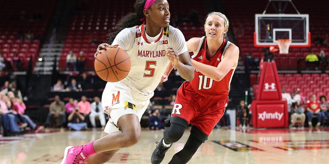 Maryland Terrapins guard Kaila Charles (5) races past Rutgers Scarlet Knights guard Kathleen Fitzpatrick (10) during a women's Big 10 basketball game between the University of Maryland Terrapins and the Rutgers Scarlet Knights on February 1, 2018, at Xfinity Center, in College Park, Maryland. Maryland defeated Rutgers 88-60.