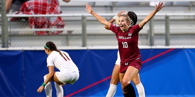 Kelsey Turnbow (10) of the Santa Clara Broncos reacts after scoring a goal against the Florida State Seminoles during the Division I Women's Soccer Championship at Sahlens Stadium at Wakemed Soccer Park on May 17, 2021 in Cary, N.C.