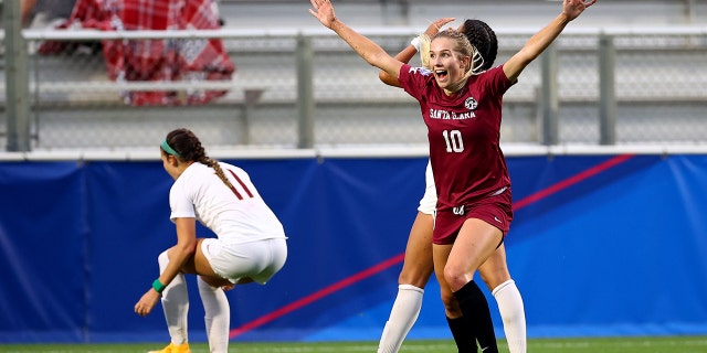 Kelsey Turnbow (10) of the Santa Clara Broncos reacts after scoring a goal against the Florida State Seminoles during the Division I Women's Soccer Championship at Sahlens Stadium at Wakemed Soccer Park on May 17, 2021 in Cary, N.C.