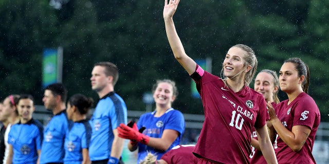 Kelsey Turnbow (10) of the Santa Clara Broncos is introduced before their game against the Florida State Seminoles during the Division I Women's Soccer Championship held at Sahlens Stadium at Wakemed Soccer Park May 17, 2021, in Cary, North Carolina.