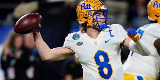 Pittsburgh quarterback Kenny Pickett passes against Wake Forest during the first half of the Atlantic Coast Conference championship NCAA college football game Saturday, Dec. 4, 2021, in Charlotte, N.C.