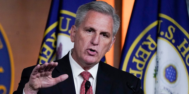 House Minority Leader Kevin McCarthy, R-Calif., responds to reporters at the Capitol in Washington Dec. 3, 2021.  