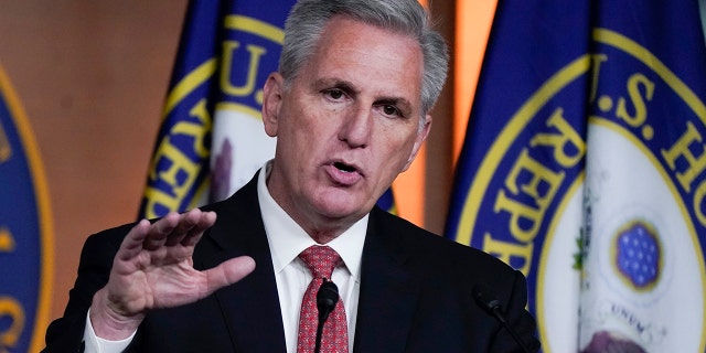 House Minority Leader Kevin McCarthy, R-Calif., responds to reporters at the Capitol in Washington Dec. 3, 2021.  