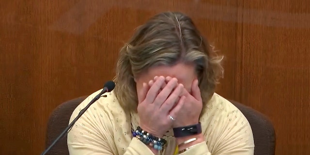 In this screen grab from video, former Brooklyn Center Police Officer Kim Potter becomes emotional as she testifies in court, Friday, Dec. 17, 2021 at the Hennepin County Courthouse in Minneapolis, Minn.