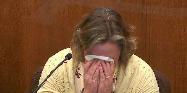 Former Brooklyn Center Police Officer Kim Potter becomes emotional as she testifies in court, Friday, Dec. 17, 2021 at the Hennepin County Courthouse in Minneapolis, Minnesota.
