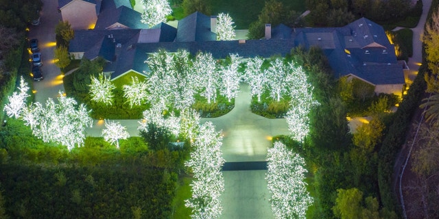 Kim Kardashian's tree-lined drive lit up with bright white lights.