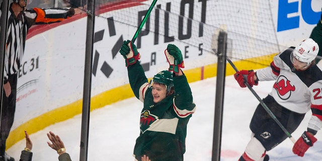 Minnesota Wild left wing Kirill Kaprizov celebrates a goal during the first period, Dec. 2, 2021, in St. Paul, Minn.
