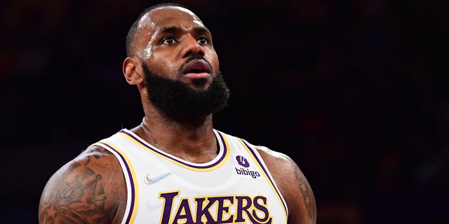 LeBron James #6 of the Los Angeles Lakers makes a free throw during a game against the Detroit Pistons at the Staples Center in Los Angeles, California on November 28, 2021.