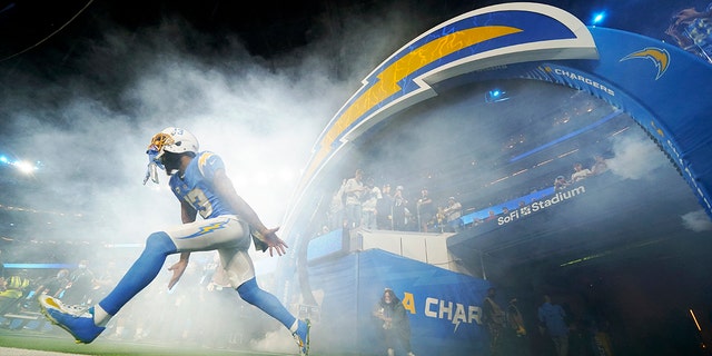 Los Angeles Chargers wide receiver Keenan Allen runs onto the field before an NFL football game against the Pittsburgh Steelers, on Nov. 21, 2021, in Inglewood, Calif.