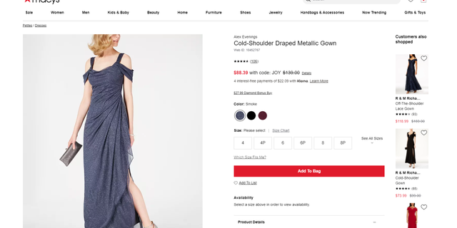 Macy’s Alex Evenings Cold-Shoulder Draped Metallic Gown