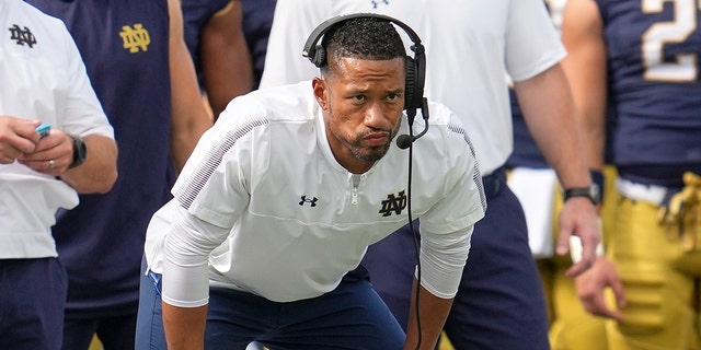Notre Dame Fighting Irish linebackers coach Marcus Freeman looks on during a game against the Cincinnati Bearcats Oct. 2, 2021, in South Bend, d.