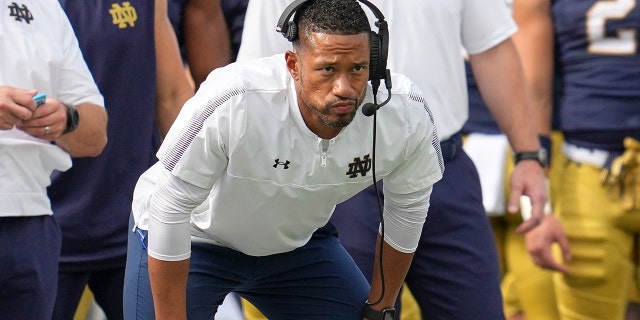 Notre Dame Fighting Irish linebackers coach Marcus Freeman looks on during a game against the Cincinnati Bearcats Oct. 2, 2021, in South Bend, Ind.