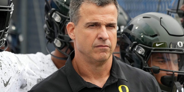 Oregon Ducks head coach Mario Cristobal reacts against the UCLA Bruins in the first half Oct. 23, 2021, at the Rose Bowl in Pasadena, California.