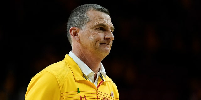 Maryland head coach Mark Turgeon reacts while heading to the locker room at the end of an NCAA college basketball game against Virginia Tech, Wednesday, Dec. 1, 2021, in College Park, Md. Virginia Tech won 62-58.