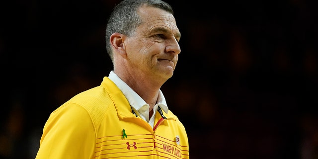 Maryland head coach Mark Turgeon reacts while heading to the locker room at the end of an NCAA college basketball game against Virginia Tech, Wednesday, Dec. 1, 2021, in College Park, Md. Virginia Tech won 62-58.