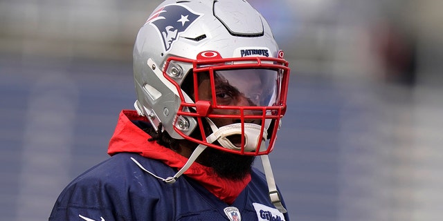 New England Patriots outside linebacker Matt Judon warms up during a practice Wednesday, Dec. 15, 2021, in Foxborough, Mass.