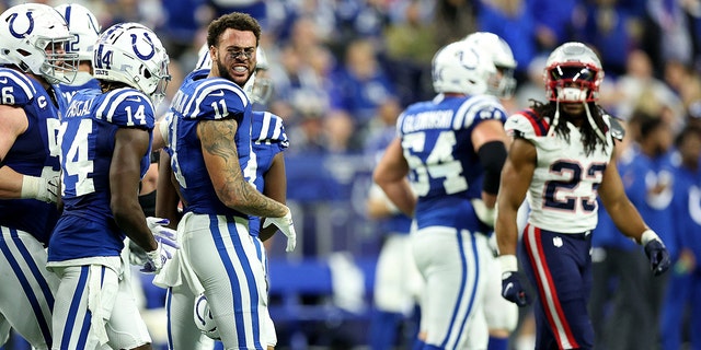 Michael Pittman (11) of the Indianapolis Colts reacts after an altercation during the third quarter against the New England Patriots at Lucas Oil Stadium Dec. 18, 2021, in Indianapolis.