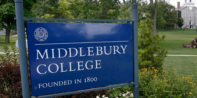 Sign of Middlebury College in Vermont.