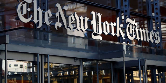 An image of the front entrance to The New York Times building in New York City. 