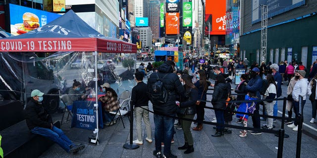 People line up at a COVID-19 testing site in Times Square during the coronavirus disease pandemic in the Manhattan borough of New York City, New York, U.S., December 17, 2021. REUTERS/Carlo Allegri
