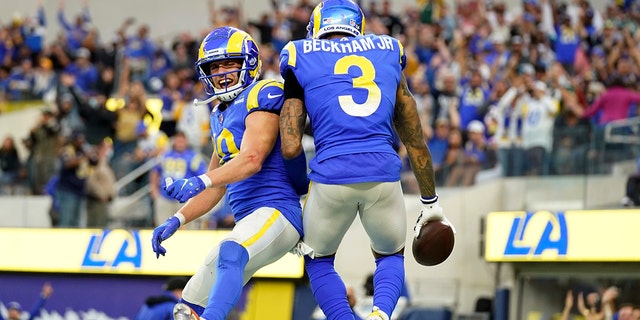 Los Angeles Rams wide receiver Odell Beckham Jr. (3) celebrates his touchdown catch with Cooper Kupp during the second half of an NFL football game against the Jacksonville Jaguars Sunday, Dec. 5, 2021, in Inglewood, California.