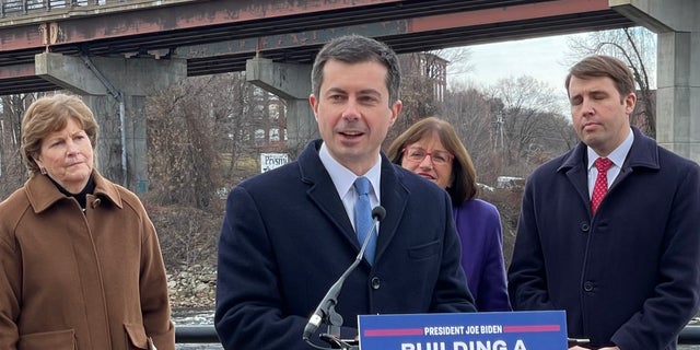 Transportation Secretary Pete Buttigieg speaks at a news conference in Manchester, New Hampshire on Dec.13. 2021