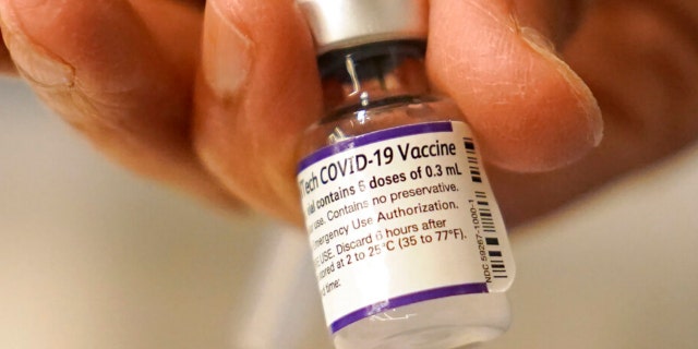 Dr. Manjul Shukla transfers Pfizer COVID-19 vaccine into a syringe, Thursday, Dec. 2, 2021, in Worcester, Mass. (AP Photo/Steven Senne, File)