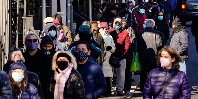 City residents wait in a line extending around the block to receive free at-home rapid COVID-19 test kits in Philadelphia, Monday, Dec. 20, 2021. (AP Photo/Matt Rourke)
