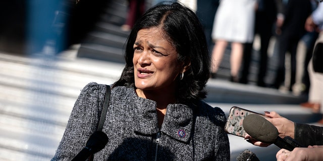 Chairman of the Congressional Progressive Caucus Rep.  Pramila Jayapal, D-Wash., Speaks to journalists outside the US Capitol Building on November 18, 2021 in Washington.