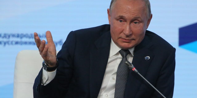 Russian President Vladimir Putin during the Valdai Discussion Club's plenary meeting on Oct. 21, 2021, in Sochi, Russia. 