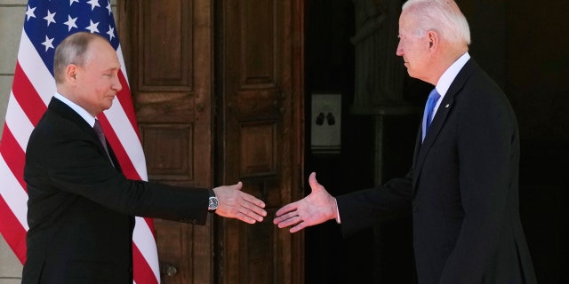 FILE - President Joe Biden and Russian President Vladimir Putin, arrive to meet at the 'Villa la Grange', in Geneva, Switzerland, June 16, 2021. (AP Photo/Alexander Zemlianichenko, File Pool)