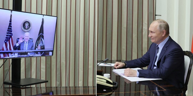 Russian President Vladimir Putin attends a meeting with US President Joe Biden via a video call in the Black Sea resort of Sochi on December 7, 2021.