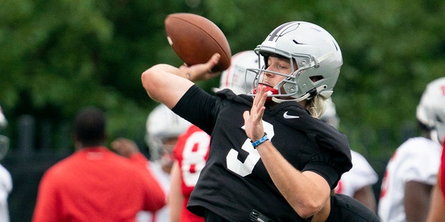 COLUMBUS, OH - AUGUST 18: Ohio State Buckeyes #3 Quinn Ewers during fall camp at the Woody Hayes Athletic Center in Columbus, Ohio on August 18, 2021.