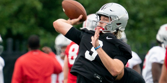 COLUMBUS, OH - AUGUST 18: Ohio State Buckeyes #3 Quinn Ewers during fall camp at the Woody Hayes Athletic Center in Columbus, Ohio on August 18, 2021.