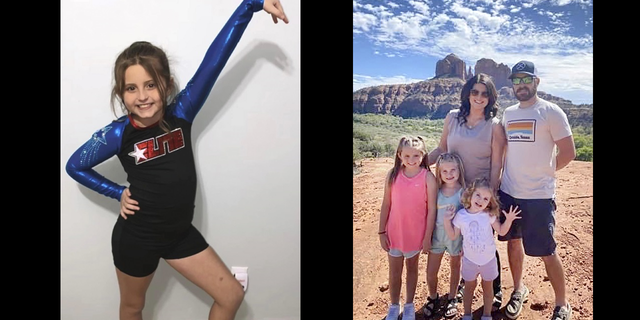 Annistyn Rackley, 9, poses for a picture while attending a cheerleading competition in Arizona. On the right, the Rackley family poses for a picture while on a trip to Sedona, Arizona.